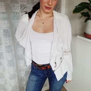 White cotton jacket with leather accents